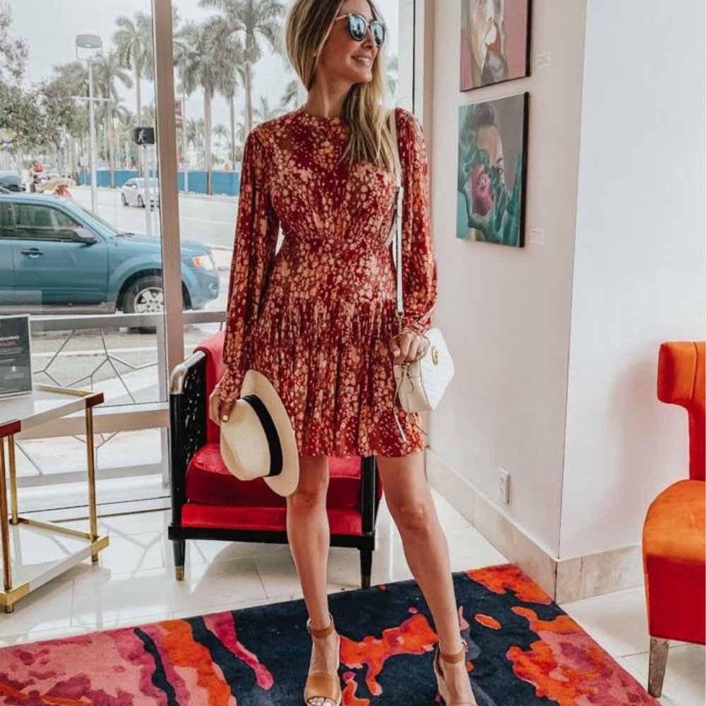 Free People Rust Red Floral Long Sleeve Mini Dress